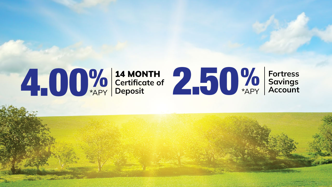 14 Month CD 4.00% *APY
Fortress Savings 2.50% *APY
Call for more details.