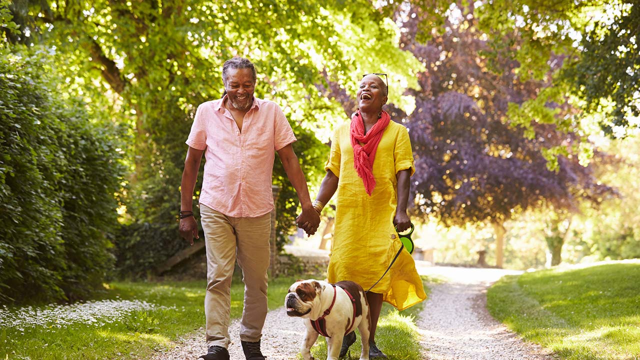 Older couple walking their dog in the park