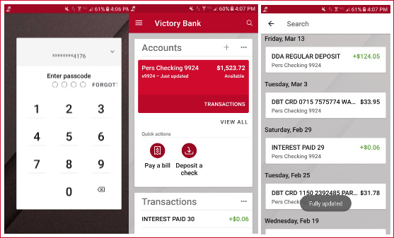 Screenshots of the Victory Bank mobile app